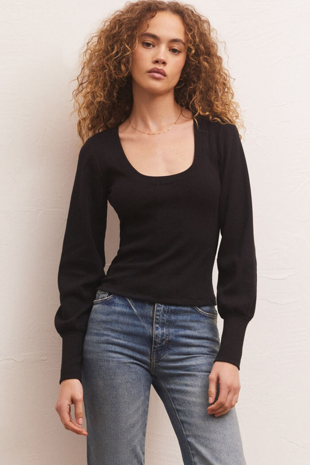 Ribbed Scoop Neck Long Sleeve Top in Black