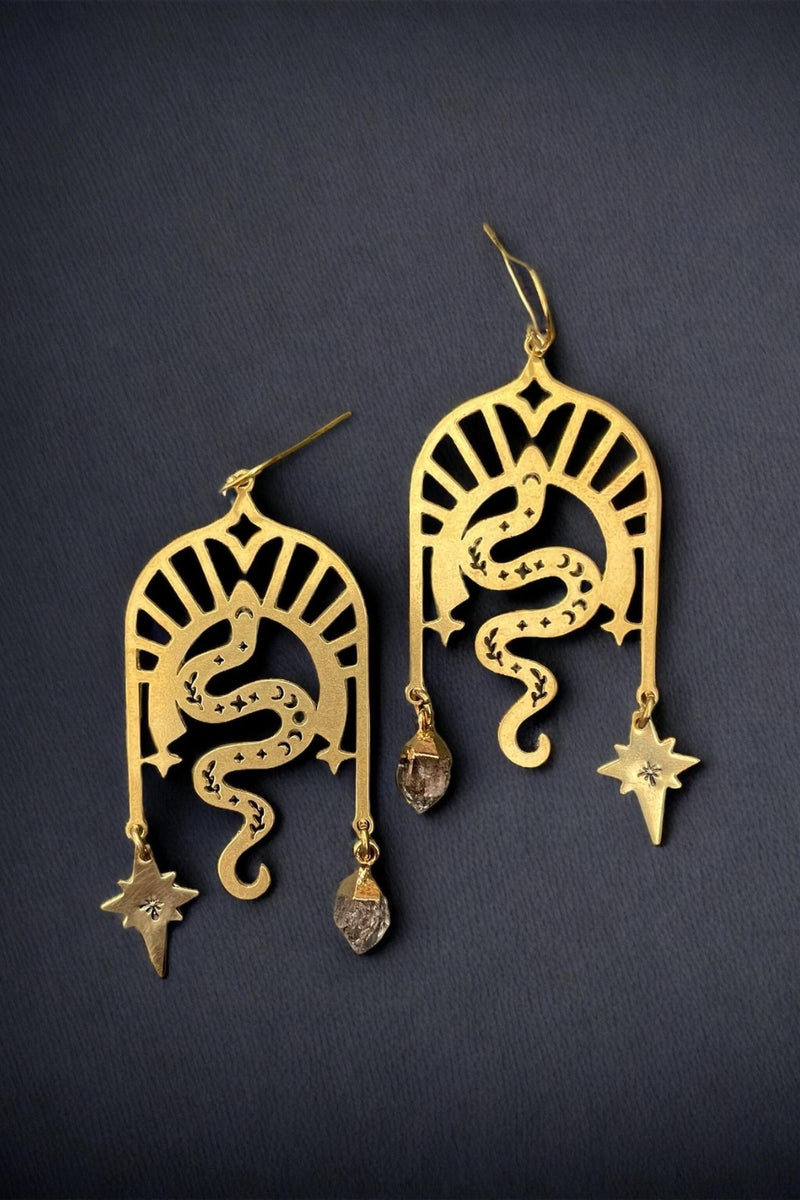 GeoMetricGem Quinn Earrings - Herkimer Diamond, Brass Snake & Star