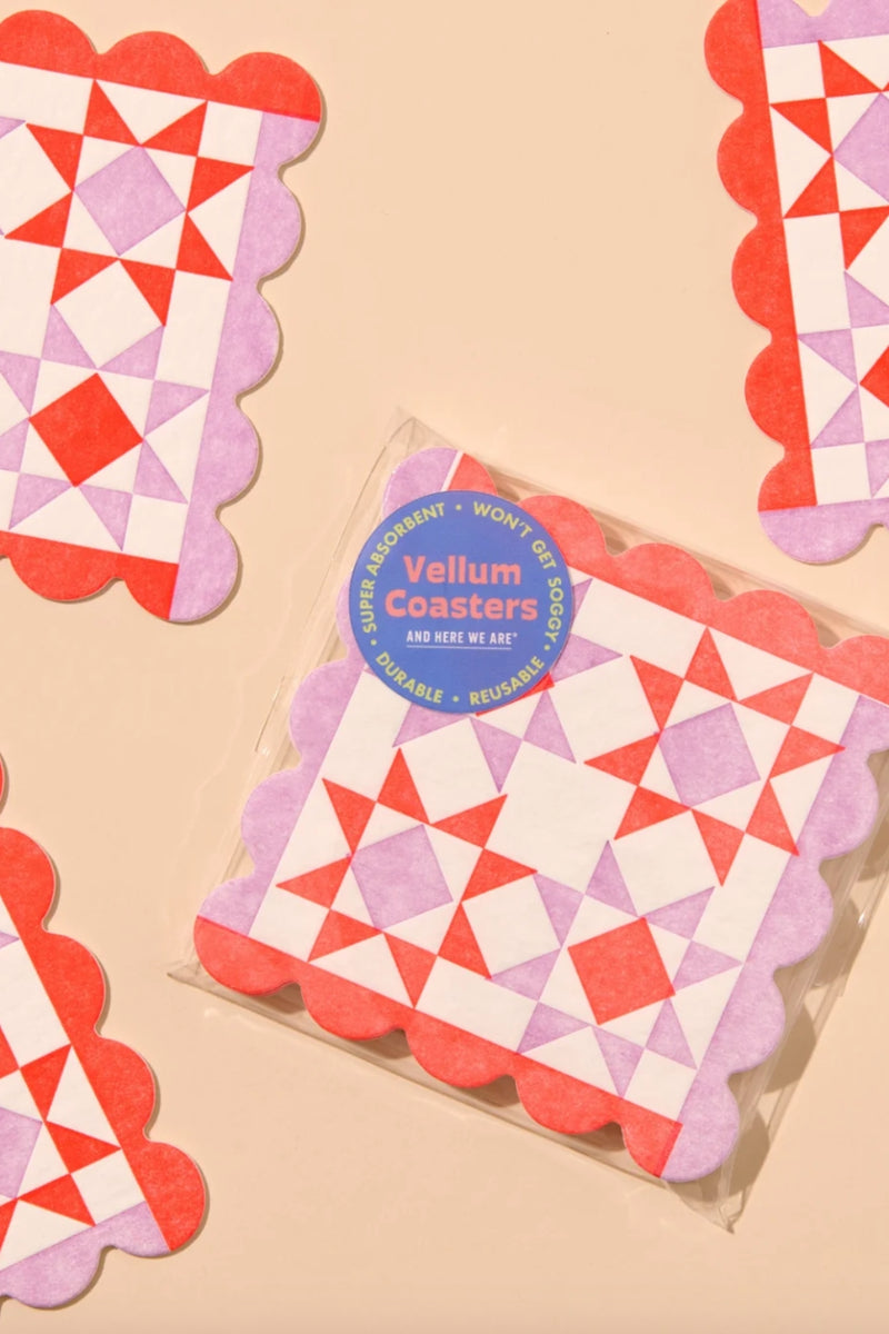 Vellum Coasters - Mod Quilt Scalloped in Red/Lilac - Set of 4