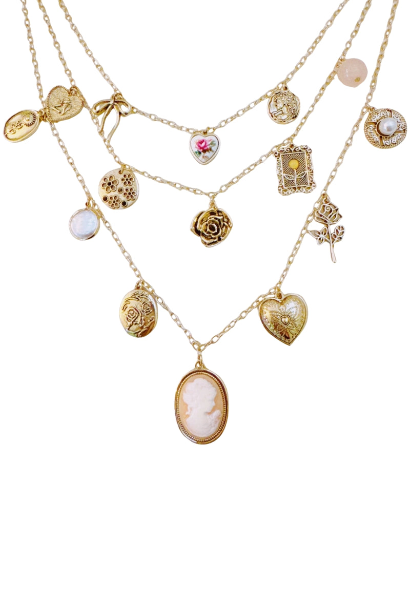 Vintage Rose Charm Layered Necklace