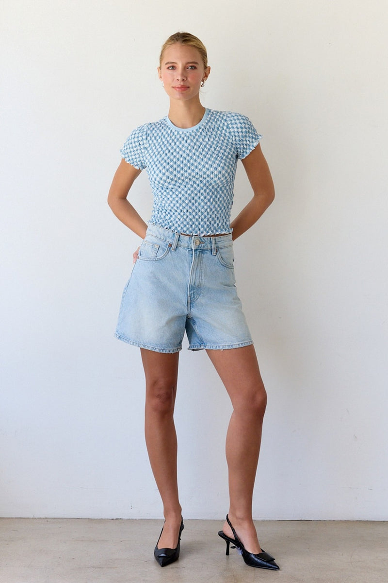 Maia Gingham Top - Sea Blue + White