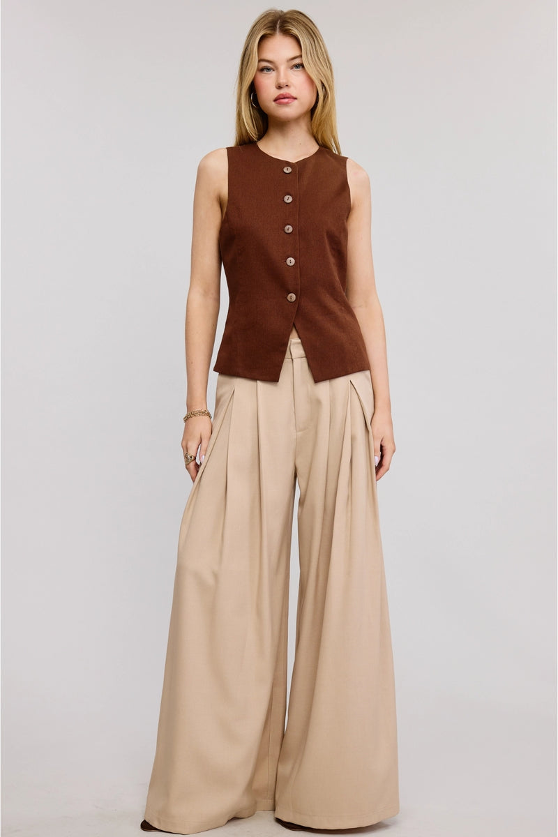 Pilar Button Up Vest Top - Wood