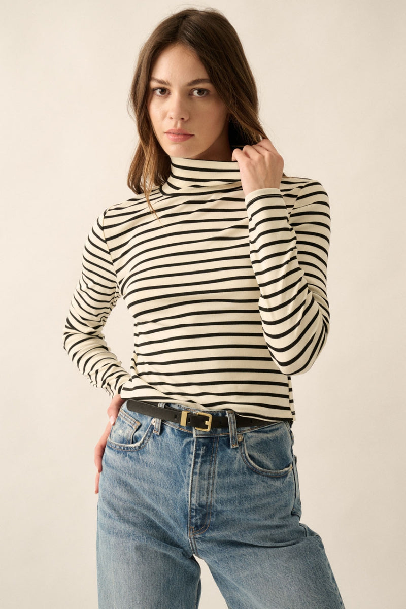 Claire Jersey Knit Mock-Neck Top Cream + Black