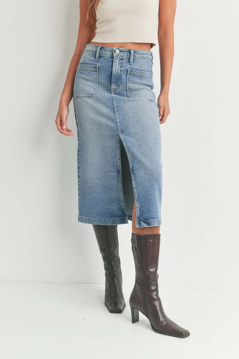 Just Black Denim Patch Pocket Washed Denim Skirt - Washed Blue