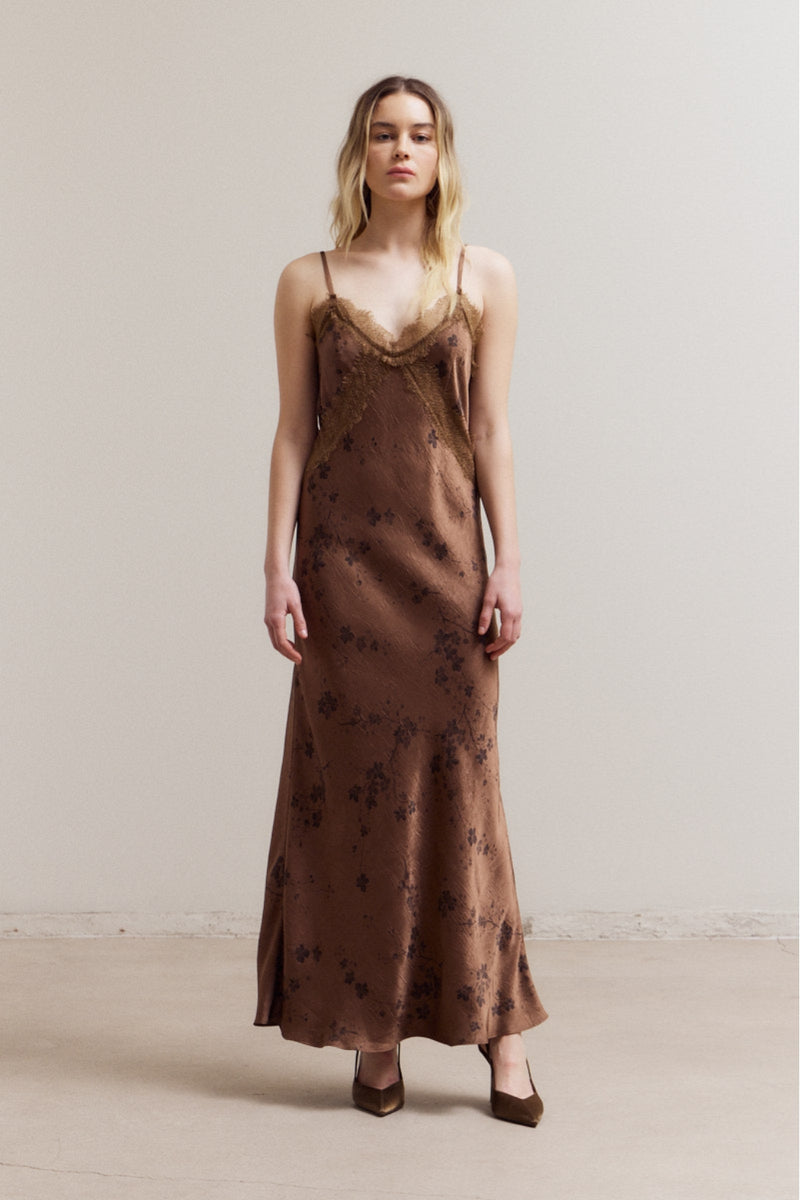 Andrine Lace Slip Dress - Brown/Shadow Floral
