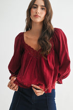 Jolene Lace Trim Blouse - Burgundy