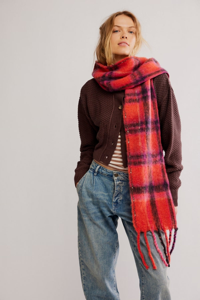 Free People Highland Plaid Skinny Scarf - Pink Combo