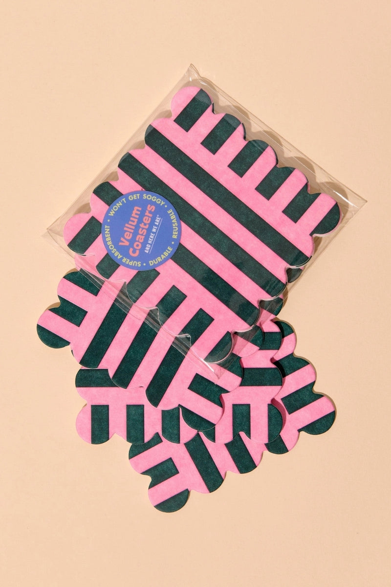 Vellum Coasters - Set of 4 Scalloped Stripe Pink + Green