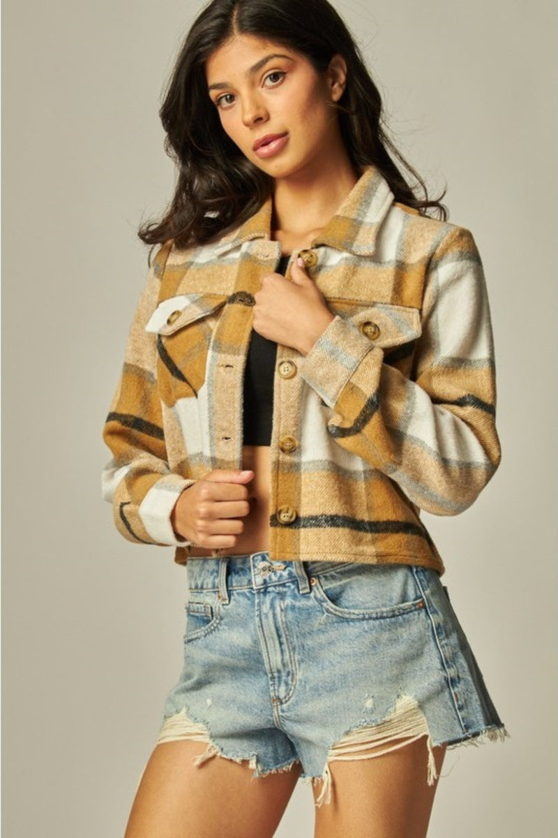 Ellie Cropped Button Down Flannel Dark Khaki