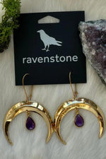 Ravenstone Moon and Amethyst Drop Earrings - Gold