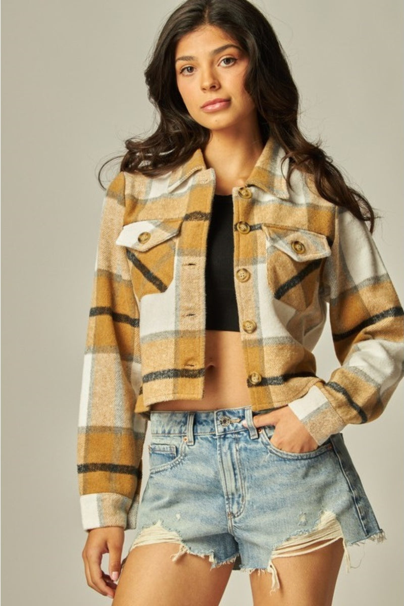 Ellie Cropped Button Down Flannel Dark Khaki