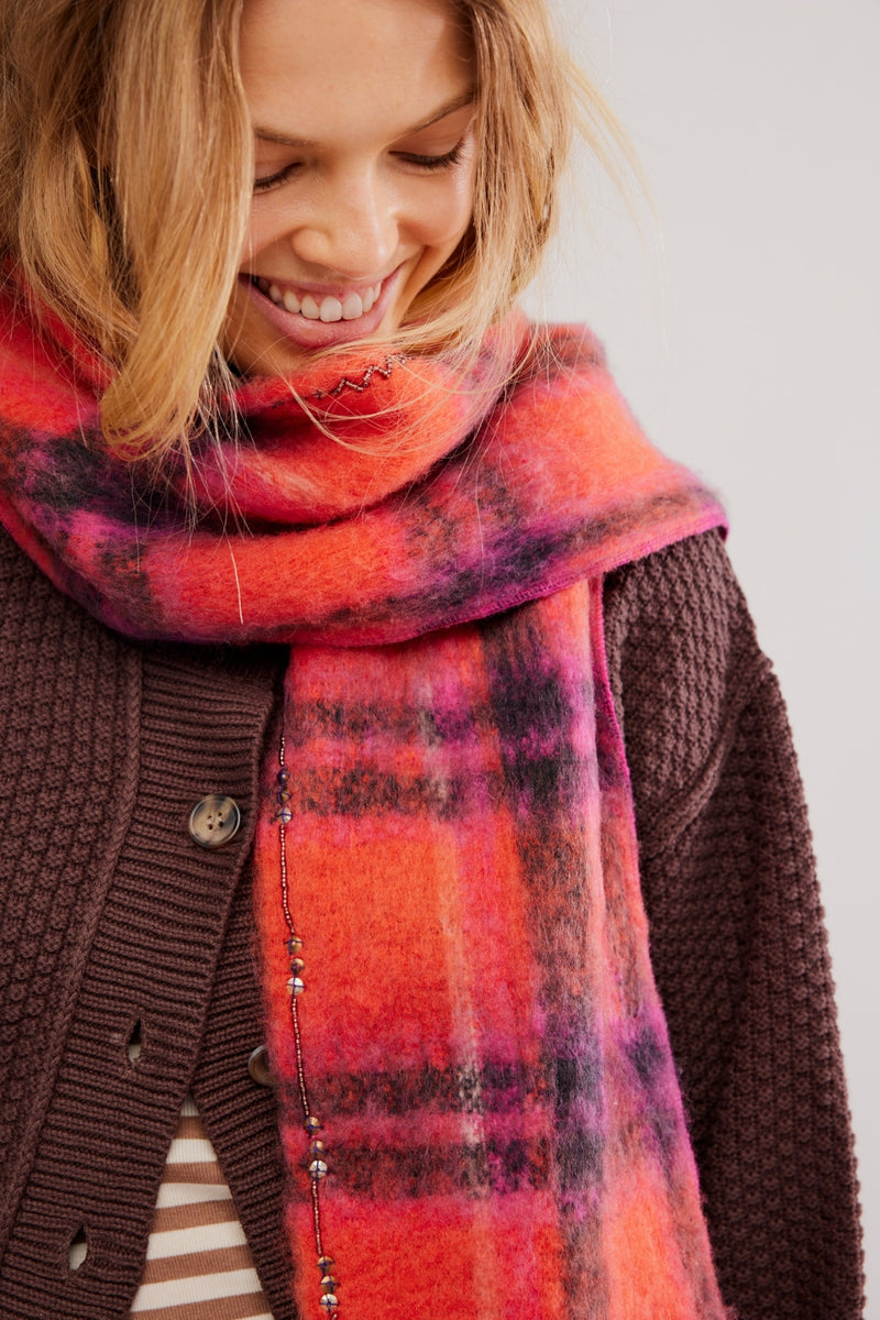 Free People Highland Plaid Skinny Scarf - Pink Combo