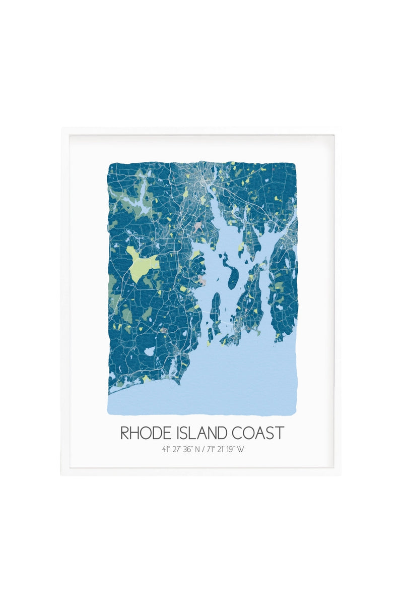 Rhode Island Coast Watercolor Map 5x7 Print - Blue