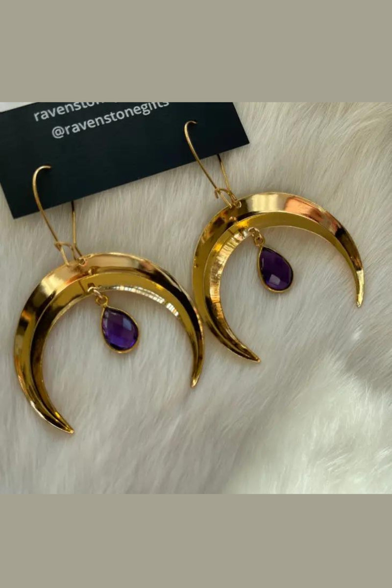 Ravenstone Moon and Amethyst Drop Earrings - Gold