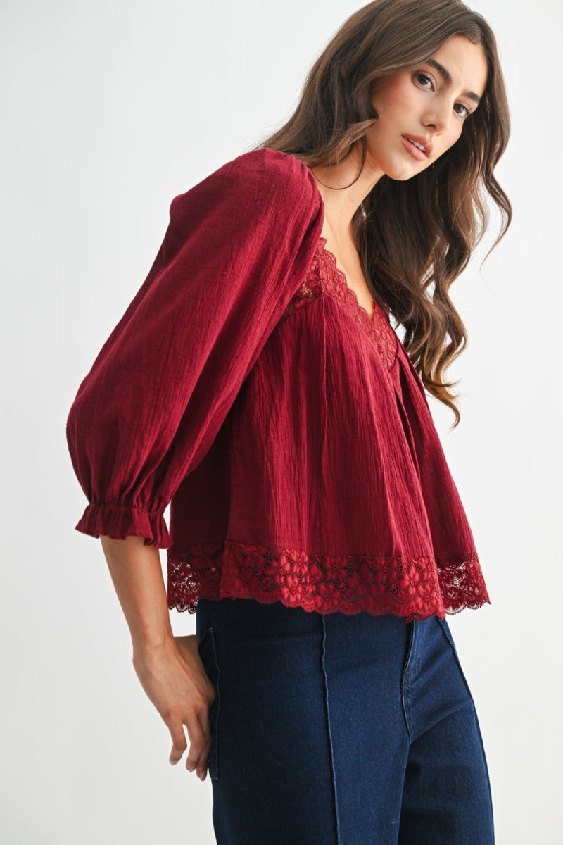 Jolene Lace Trim Blouse - Burgundy