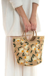 Multi Daisy Painted Alani Jute Circle Wood Handle Tote