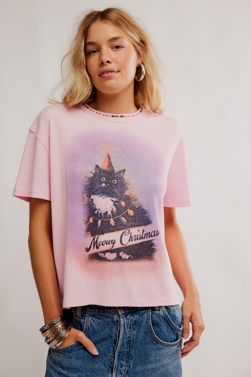 Free People Merry Meow Tee - Pink Combo