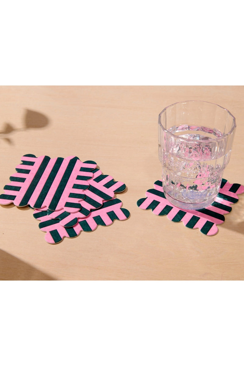 Vellum Coasters - Set of 4 Scalloped Stripe Pink + Green