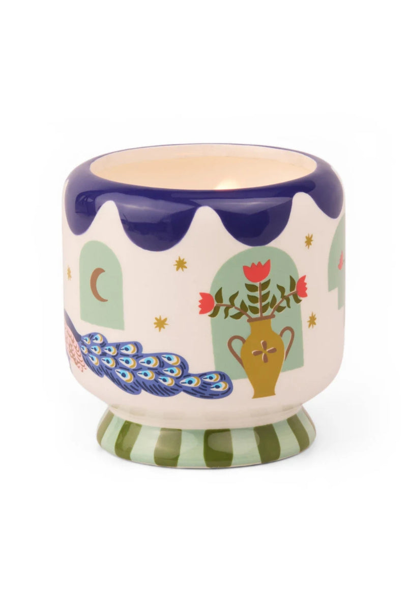 A Dopo 8 oz Hand Painted Ceramic Candle Peacock - Misted Lime