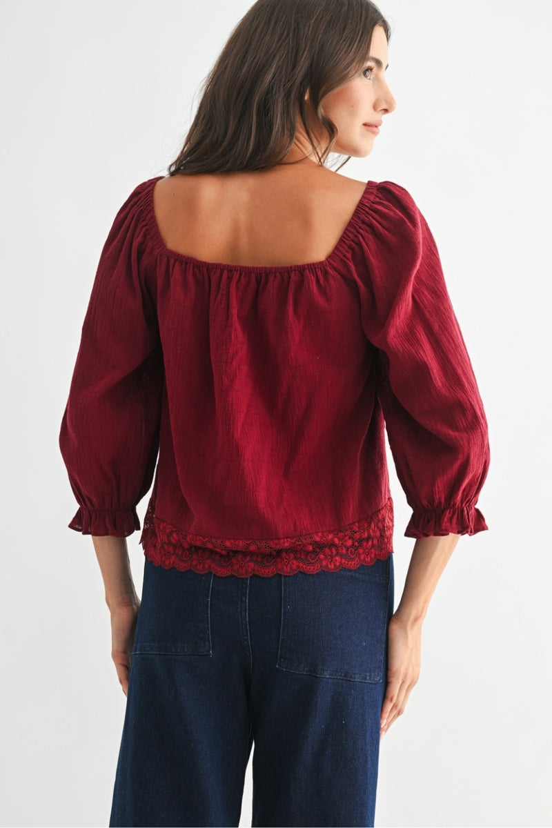 Jolene Lace Trim Blouse - Burgundy