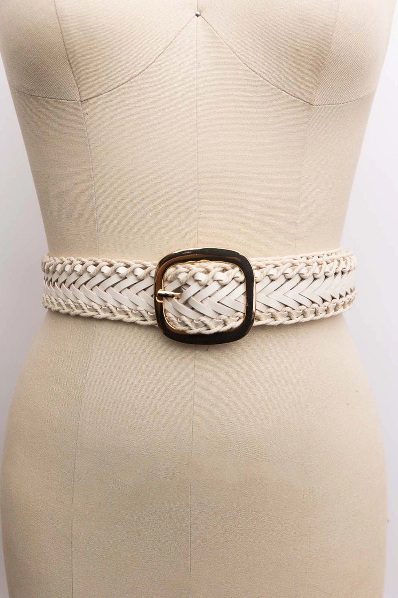 Crochet Trimmed Woven Leather Belt Ivory