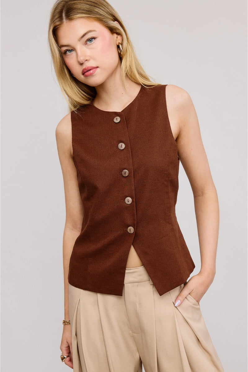 Pilar Button Up Vest Top - Wood