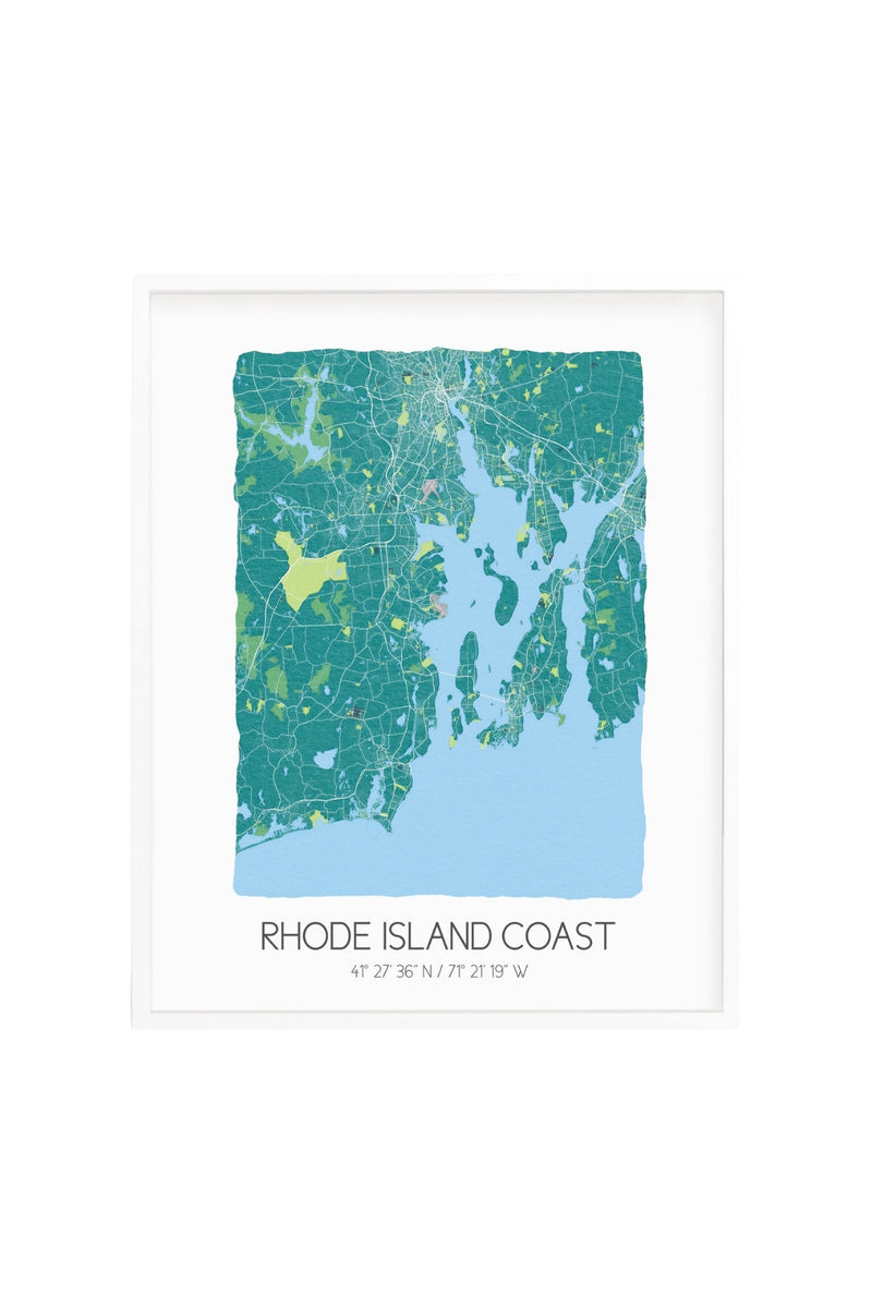 Rhode Island Coast Watercolor Map 5x7 Print - Teal