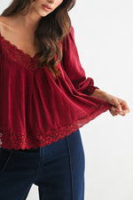 Jolene Lace Trim Blouse - Burgundy