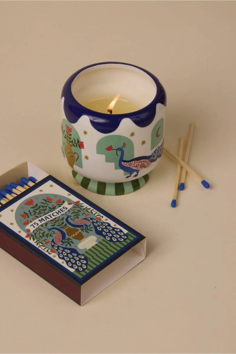 A Dopo 8 oz Hand Painted Ceramic Candle Peacock - Misted Lime