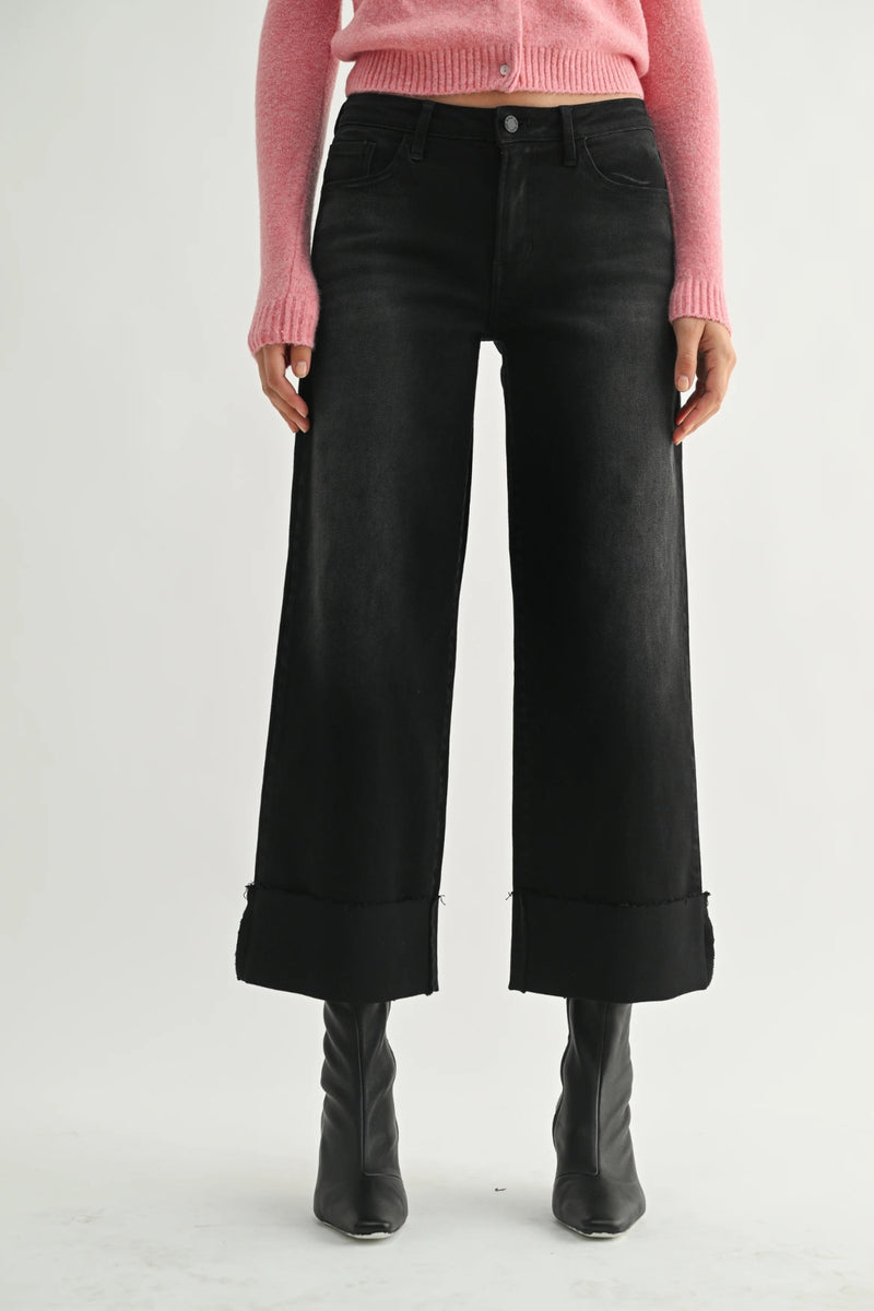 Just Black Denim Scissor Cut Cuffed Slim Wide Denim - Washed Black