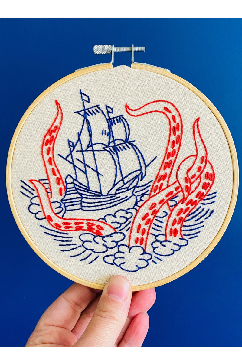 Hook, Line, and Tinker Embroidery Kit - Release the Kraken