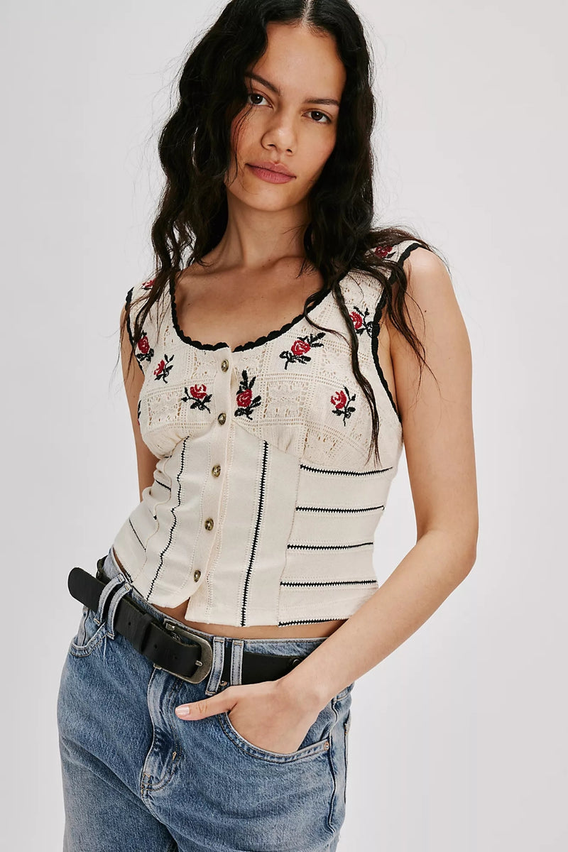 Free People Rose Bud Knit Top - Ivory Combo