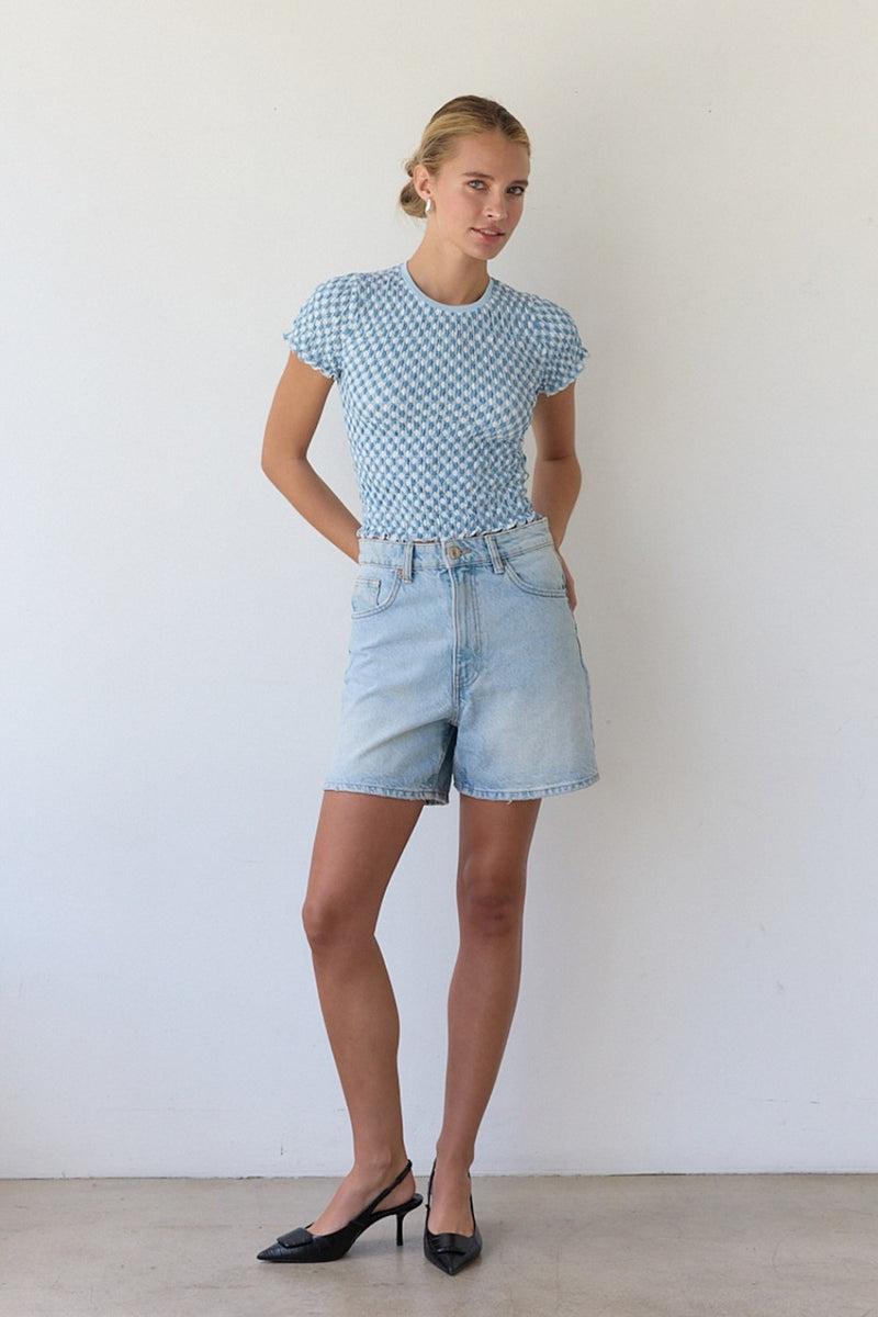 Maia Gingham Top - Sea Blue + White