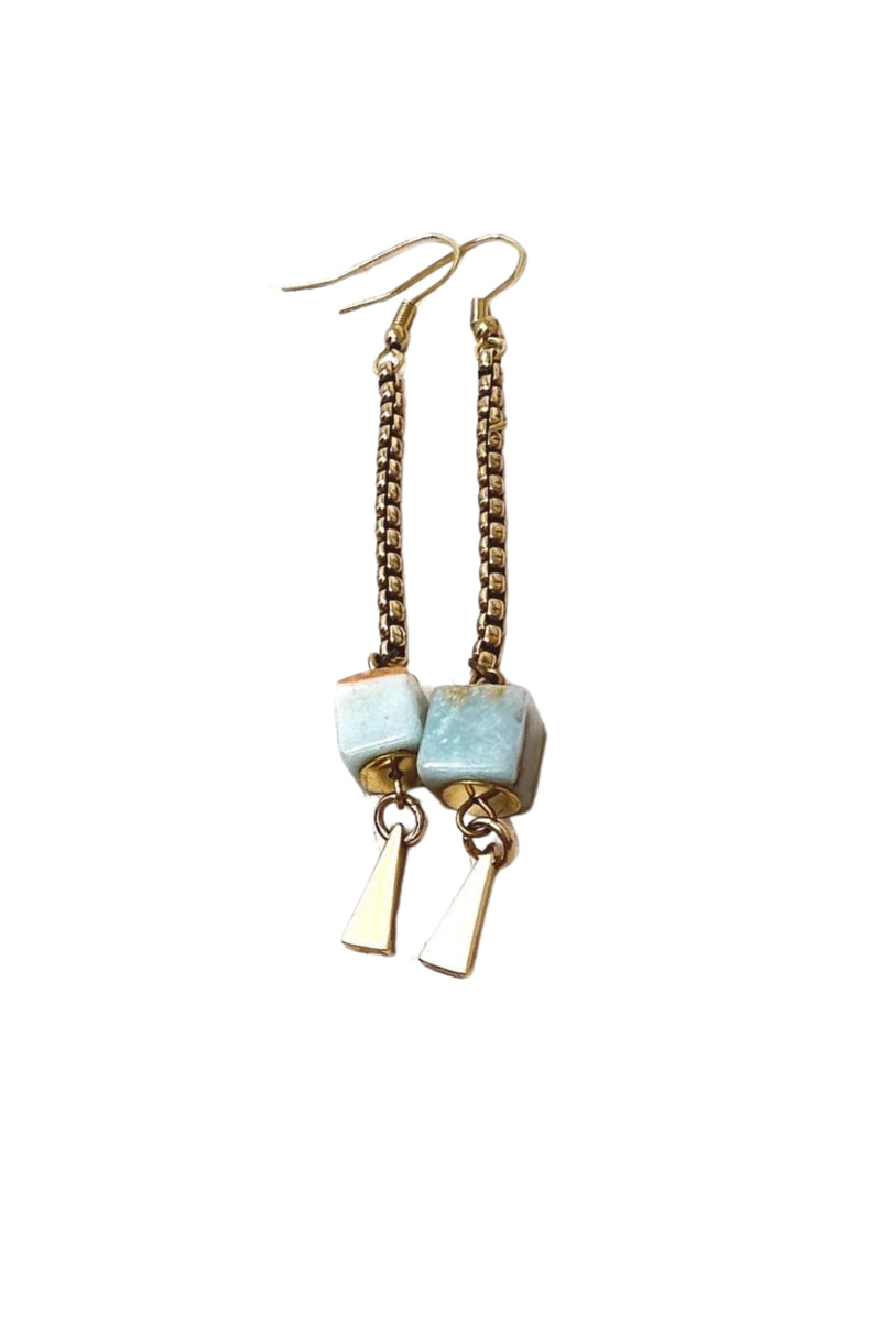 Permanent Baggage Gemstone Earring - Amazonite Cube & Vintage Brass Chain