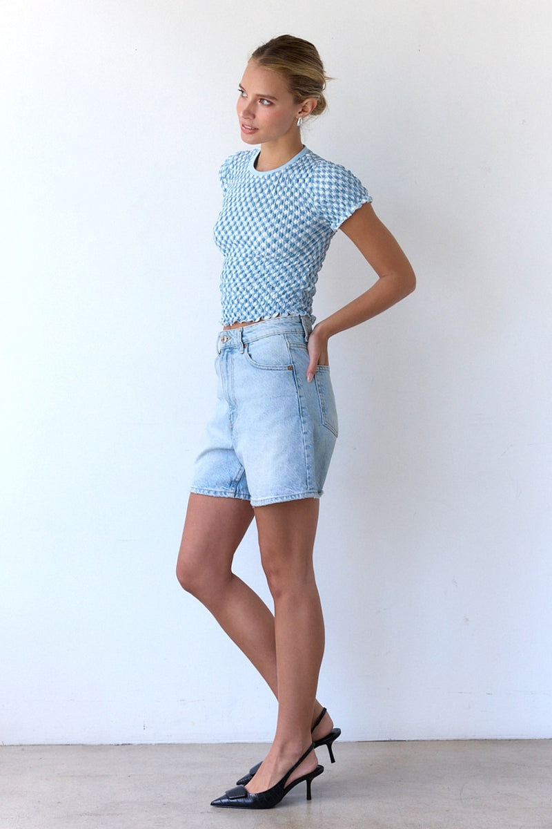 Maia Gingham Top - Sea Blue + White