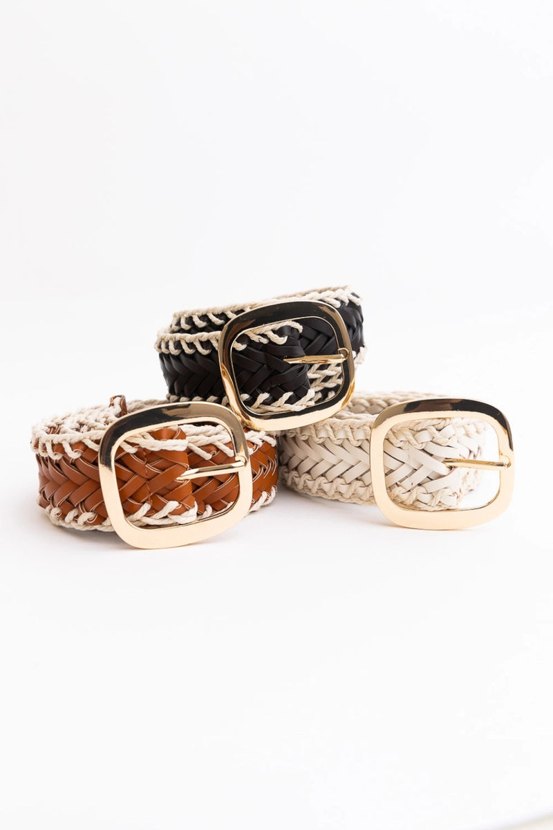 Crochet Trimmed Woven Leather Belt Camel