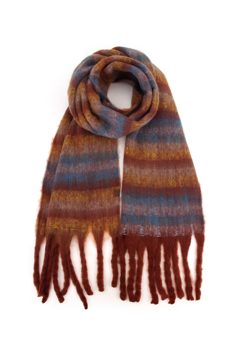 C.C Horizontal Multi Color Stripe Woven Scarf - Rust