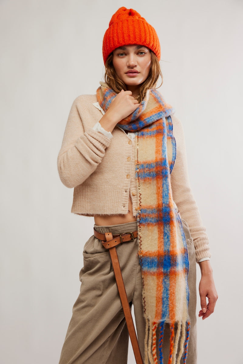 Free People Highland Plaid Skinny Scarf - Ivory Combo