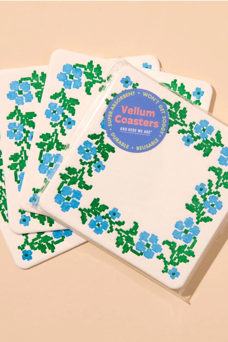 Vellum Coasters - Cross Stitch Flower in Blue/Green - Set of 4