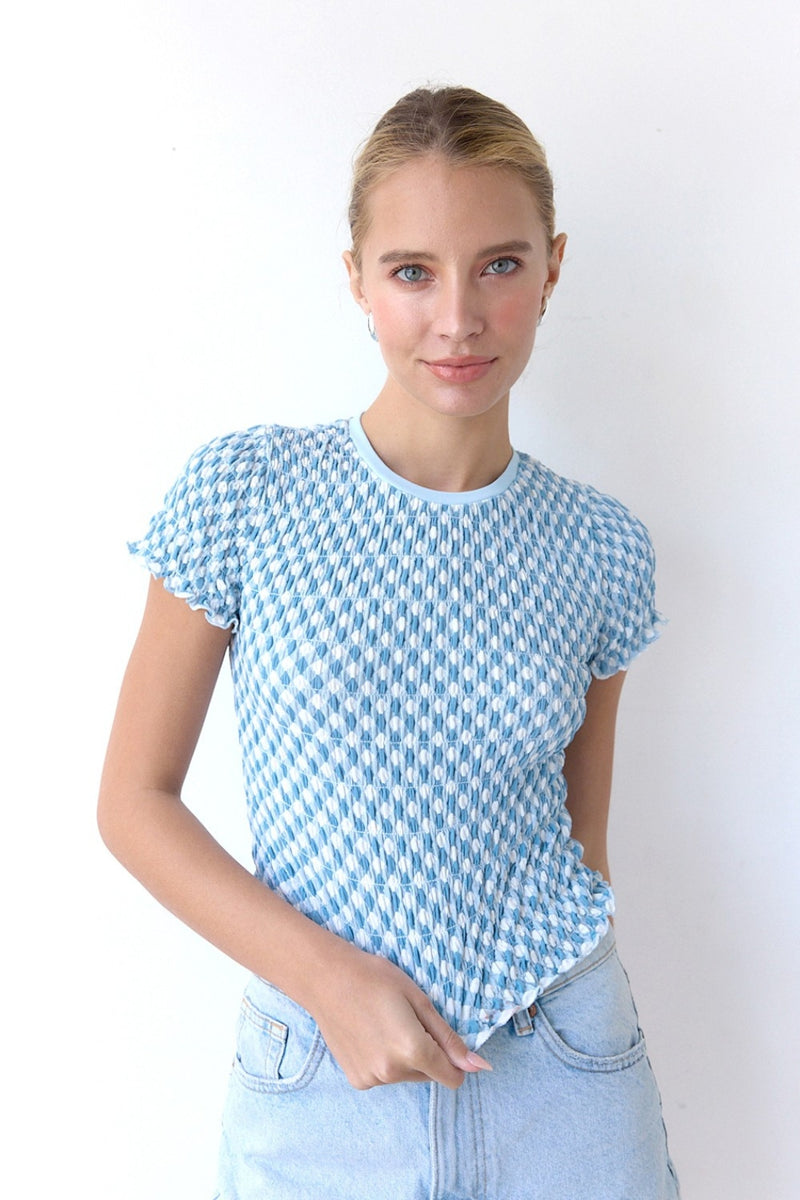 Maia Gingham Top - Sea Blue + White