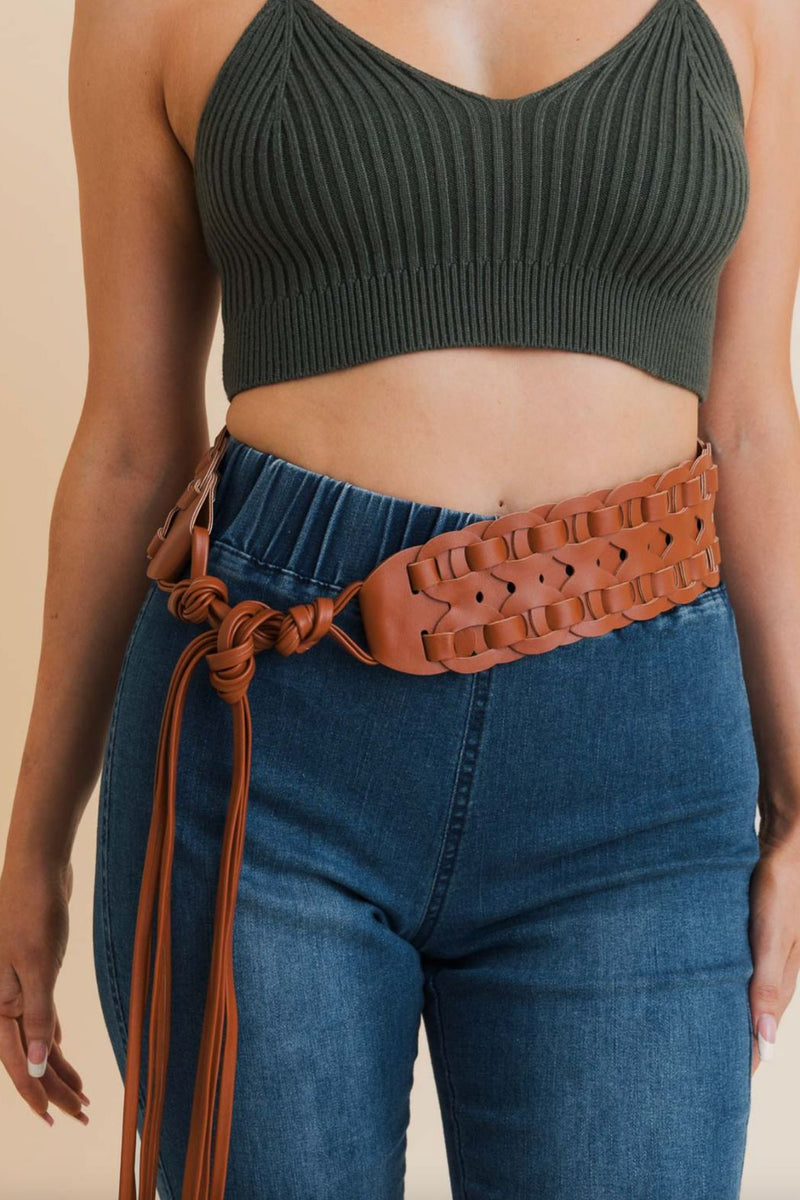 Wide Woven Faux Leather Waist Tie Up Belt