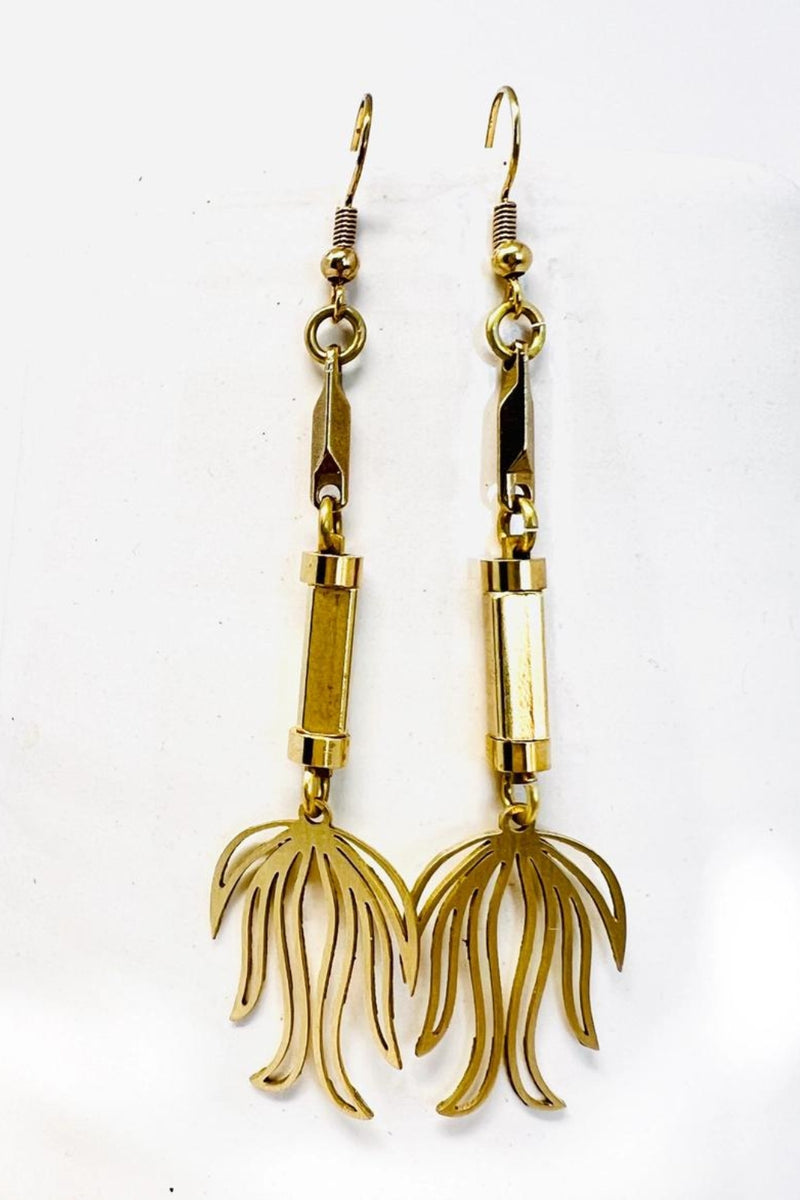 Permanent Baggage Golden Brass Industrial Lotus Flower Dangle Earring