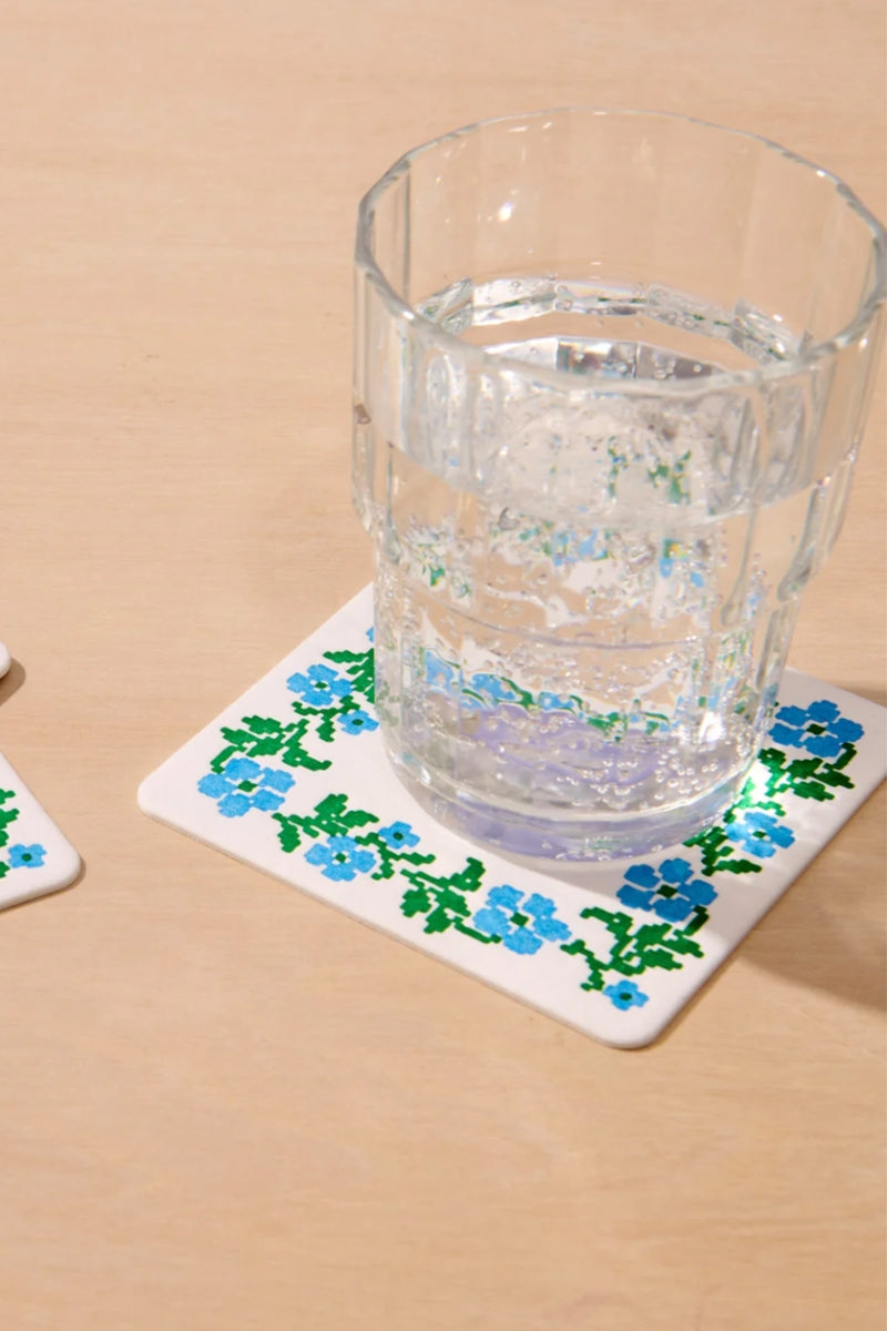 Vellum Coasters - Cross Stitch Flower in Blue/Green - Set of 4