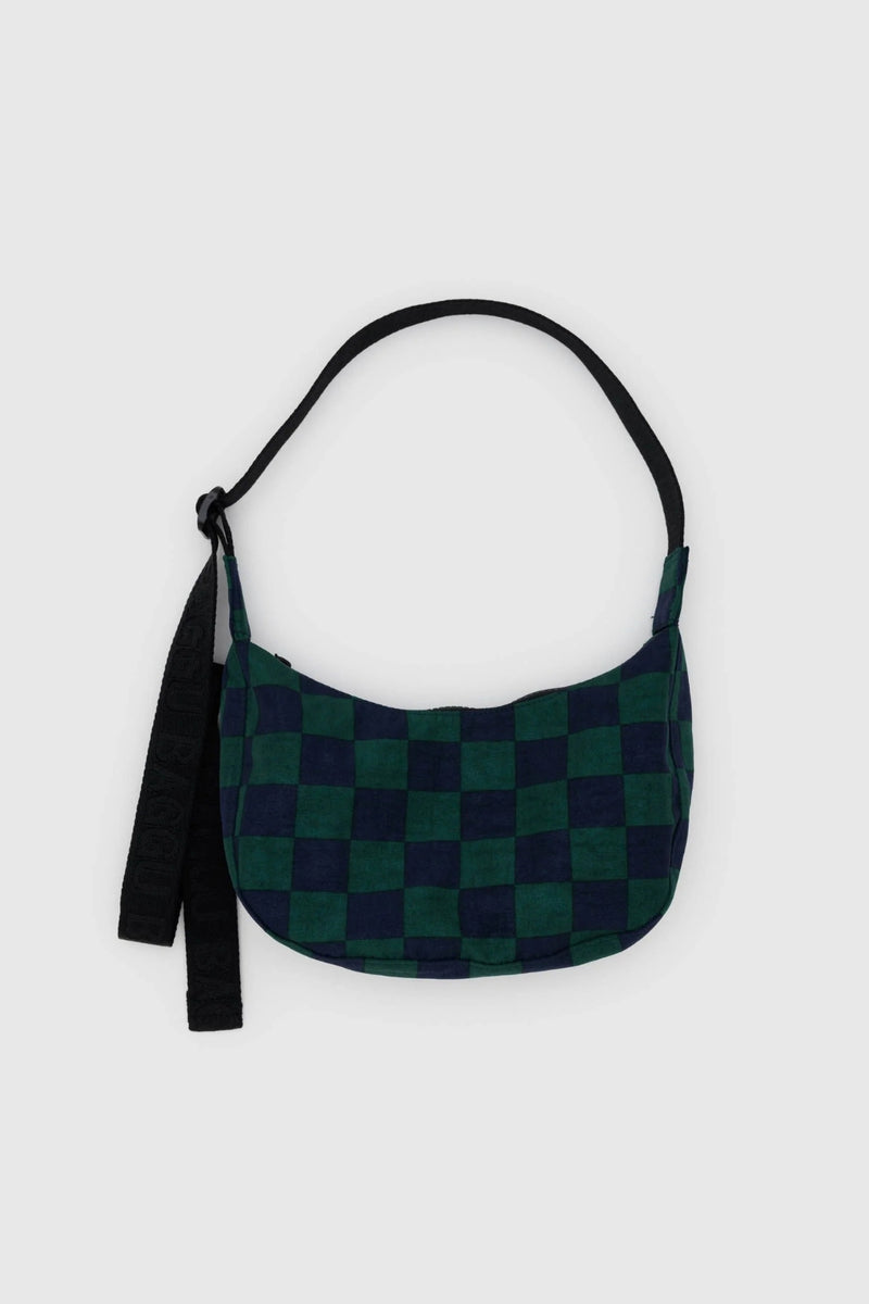 Baggu Small Nylon Crescent Bag - Navy + Green Check