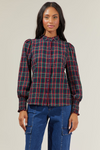 Brisvan Plaid Split Neck Top Navy Multi