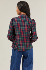 Brisvan Plaid Split Neck Top Navy Multi