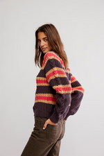 Free People Frankie Cable Striped Pullover Sweater - Chocolate Combo