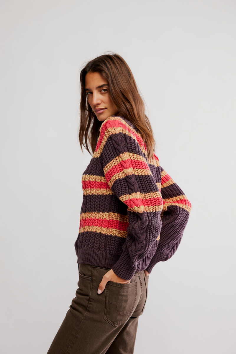 Free People Frankie Cable Striped Pullover Sweater - Chocolate Combo