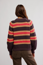 Free People Frankie Cable Striped Pullover Sweater - Chocolate Combo
