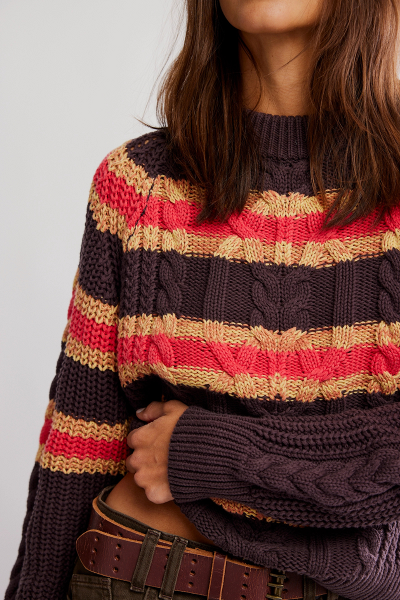 Free People Frankie Cable Striped Pullover Sweater - Chocolate Combo
